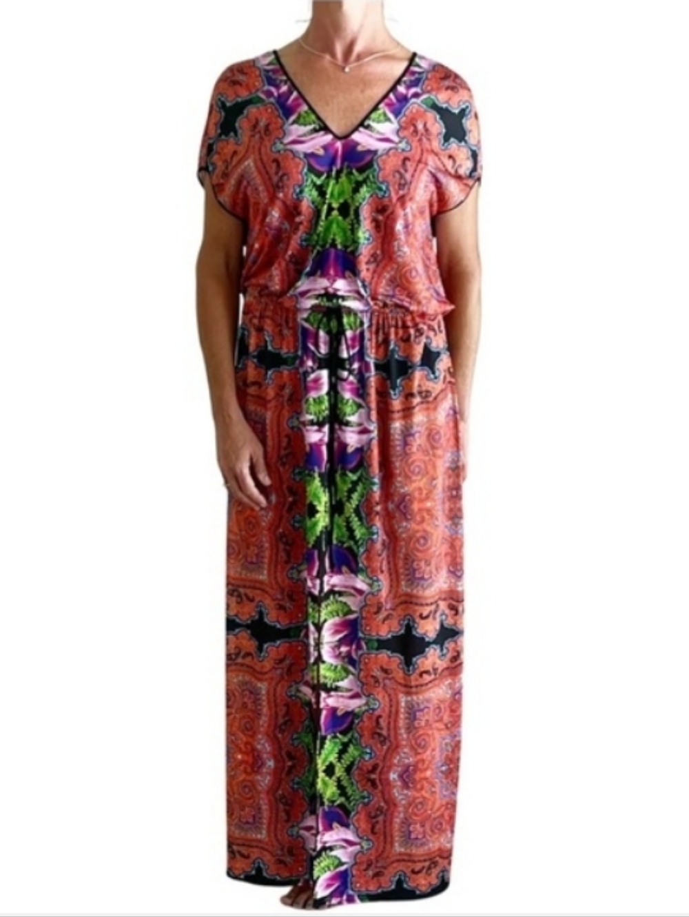 clover canyon maxi dress bohemian flowy vneck tie waist size S